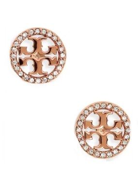 Tory Burch Pavé Embellished Rose Gold Circle Stud Earrings